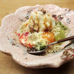 白 - 一汁三菜のデザート:焼栗のアイス/苺/クルミ/コケモモの粉末/マスカット/キャラメル(2017.12月昼)