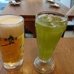 鳥良商店 - 生ビール・緑茶。
