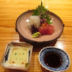 玄斎 - 刈谷のヒラメと和歌山のキハダマグロ ダイダイの搾り汁と柚子コショウ