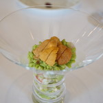 HAGI - 生木葉ファームの空豆、千葉の車海老と赤海胆。福島牛のコンソメのエスプーマ（2017/7）