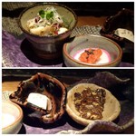 大どころ - 上：タイラギのヒモ（ビラと言う部分）、赤モク（メカブ）の酢の物。 上：南部の赤カブ、大分のアンポ柿、梅のせ。 下：魚チーズ・・アラのほぐし身とチーズなどを合わせた品。 下：アラの皮の煎餅。 どれも美味しいですし、お酒のツマミに最適。