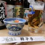 寿司・うなぎ 羽子吾 - 生ビール＆お通し（自家製あん肝ポン酢）