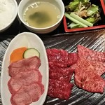Yakiniku (Grilled meat) lunch with Cow tongue, wagyu ribs, and lean beef