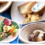 ごはんとおやつとひとときと - 時計回りに…❶長芋春巻き・ゆりね天ぷら、❷おでん（大根・こんにゃく・厚揚げ・ごぼう）、❸お節な盛合せ（かぶなます・小松菜練りごま和え・さつま芋りんごきんとん・白菜サラダ・れんこんひじき梅マリネ）