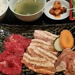 Yakiniku (Grilled meat) lunch with lean beef, chicken, and pork