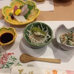 江井島酒館 麺坊はりまや - 刺身、牡蠣のヌタのせ、白和え
