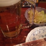 蒲田串焼家 昭和横丁 - 生ビールとお通しの野菜炒め？