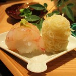 おおたに - 八寸の 甘海老の手毬寿し、ジャガ芋のはりはり。　　　　　　2018.01.06