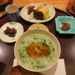 日本料理 太月 - 30年1月　七草粥　山葵醤油漬け、ジャコ、お新香、鱧浮袋照り煮