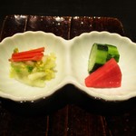 おおたに - 香の物：胡瓜のぬか漬け、紅芯大根の甘酢漬け、白菜と京人参の浅漬け。　　　　　　2018.01.06