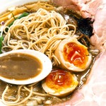 煮干し豚骨らーめん専門店 六郷 - かためでお願いするとポキポキ感が出る低加水の細麺。スープはドロ系半歩手前のトロトロ。濃度は３１とのこと。 