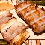 炭家 - アスパラのベーコン巻きとマコモ茸と豚胸肉。