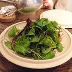 organ - 牡蠣のフリットと茄子、トマト、葉野菜のサラダ：仕上がると葉しか見えない