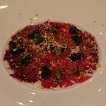 TATEOKA TAKESHI - 足寄産桜肉のカルパッチョ、キャヴィア、パルメザンチーズ、自家製からすみ