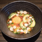 Seasons by Olivier Elzer - 旦那の前菜 prawn"tsukune" in chicken broth,avocado & brown butter あっさりいい出汁