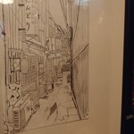 おんどり - お店のカウンター左奥の壁に掛けられているお店のスケッチ画。