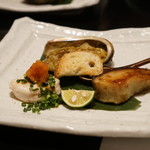 和食すがわら - とらふぐの白子、鮑のモト焼き、鰆の西京焼き