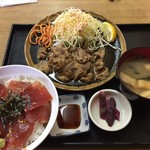 魚八 - 牛焼き肉、刺身定食¥840  ※刺身は無料で漬け丼とチェンジ