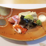 和久 - 2/造り:鯛 車海老湯引き 秋刀魚炙り 粟麩 湯葉(2017.11月中旬)