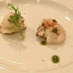 海老専門レストラン マダムシュリンプ銀座 - お通し(蛸の炙り&海老とツナのリエット)