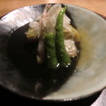 六雁 - 炊き合わせ　加茂茄子･白ダツ・甘長唐辛子・打ち茗荷