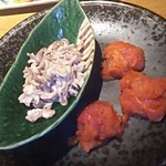 個室居酒屋 泳ぎイカ×もつ鍋 九州料理 弁慶 - 【前菜】前菜２種盛り合わせ<福岡酢モツ･辛子明太子>(2018.01.17)