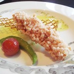 Modowashokuwada - 【揚物】甘鯛の海老を練り込んだ衣揚げ　ブロッコリーの穂先とレモンのソース