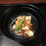 板前割烹 なかくし - すっぽん真薯に牡蠣、下仁田葱を添えて海老出汁の餡かけ。地物牛蒡の素揚げの香りが特徴的