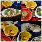 Kaikou - ＊左上：お豆腐サラダ・・ドレッシングのお味が薄めでしたので、お豆腐は豆乳鍋に入れていただきました。 ＊右上：がんもどき・・具材が多く美味しい。 ＊左下：海老・サツマイモなどの煮物。 ＊右下：茶碗蒸しは定番の具材入り」「刺身コンニャクは辛子酢味噌で」