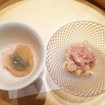 鮨こゝろ - 海老とコノワタ、カワハギ肝和え