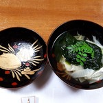 魚作 - 鹿児島産のタケノコと明石産のなま海苔。おつゆも絶品 お椀も綺麗
