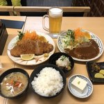 越後とんかつ人参亭 - ロースカツ定食(豚汁に変更）ハンバーグ単品、おろしポン酢、風味爽快生中