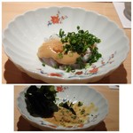 鮨 さかい - ◆河豚（大分・別府湾）、山形のアン肝の肝酢と共に。 河豚の食感もいいですし、肝酢が美味しい。 残った肝酢にはワカメを加え、すべて頂きます。