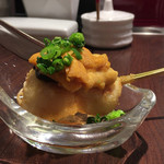 串揚げ 串の実 - 追加　帆立貝柱の串揚げ　うにのせ