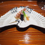 銀座 しのはら - 鯛と大徳寺納豆　車海老　赤貝　芽甘草　すだち割醤油