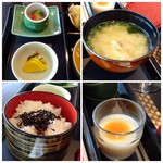 レストラン オーブ - ＊上：クラゲ酢・香の物。鰤のあら汁（お味噌の味わいもよく美味しい） ＊下：紫蘇ひじきご飯。デザートは「ブラマンジェ風」