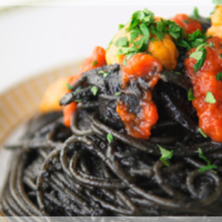 "Squid ink pasta with fresh sea urchin"