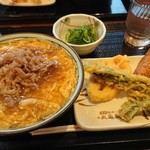 丸亀製麺 - 肉たまあんかけ＋いなり、天ぷら(れんこん、なばな)