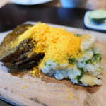 やまぐち - 蝦夷アワビステーキと小柱あおさ海苔リゾットにミモレットチーズを削って