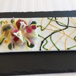 テラコヤ - 海の食材、山の食材のマリアージュ、小さなドーム仕立て 　雲丹、イカ墨、ハーブ、三種のソース添え