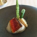 テラコヤ - 漁港直送、鮮魚のポワレ、ずわい蟹と鱈のブランダード 　カブの一時間ロースト添え、魚の白濁フォンソースと春菊のクーリ