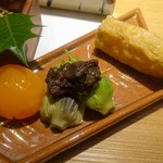 紀風 - いなり寿司，フキノトウ，卵黄の味噌漬け
