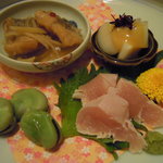 前菜（鯵の南蛮、鶏わさ、天豆、山うど酢味噌）