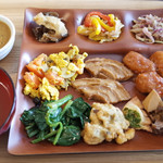 ベジ ハウス - 車麩の炒め煮、酢豚風、あげギョウザ、野菜のかき揚げ、玉子風とトマトの炒め、有機ほうれん草のソテー、キクラゲサラダ、パプリカソテー、有機キャベツマリネ、カレー