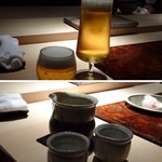 菊鮨 - まずは「ビール」「小と大」を頂きました。 その後「横山五十」「而今」「日高見」を。