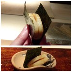 菊鮨 - ◆タイラギ・・厚みがある立派な品。炙ってお醤油を塗り海苔で挟んでいただきます。 海苔の香ばしさとタイラギの旨みが重なり美味しい。