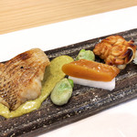 阿波座 なが友 - 6.焼物:のどぐろ/一寸豆/カラスミと大根/雲子/蕪酢