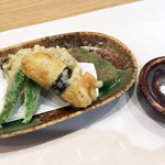 阿波座 なが友 - 2.揚物:三重 的矢の牡蠣おかき揚/いんげん天婦羅/帆立湯葉包み天婦羅(米塩で)