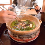 比良山荘 - 炊きすぎると固くなるので、軽くしゃぶしゃぶ。