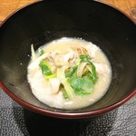 傳 - (2018年2月　訪問)猪肉の椀物は味噌仕立て。臭みの無い美味しい猪肉でした。